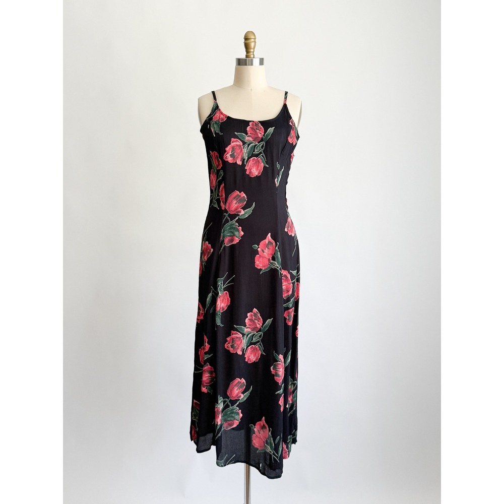 Rampage Maxi Dress Vintage 90s Floral Lace Up Back XS-S Black Red Tulip Crepe